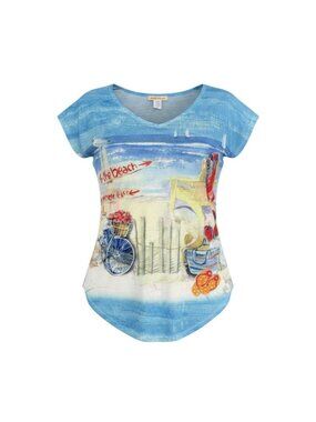 Sunshirt Womens Blue Beach Print V-Neck Short Sleeve T-Shirt Size M